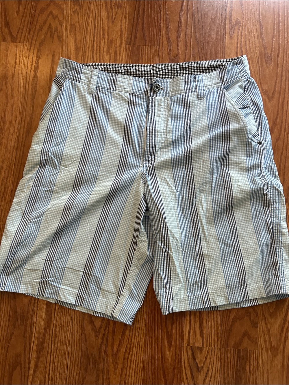 lululemon athletica Men’s Light Blue and Navy Striped Flat-Front Shorts